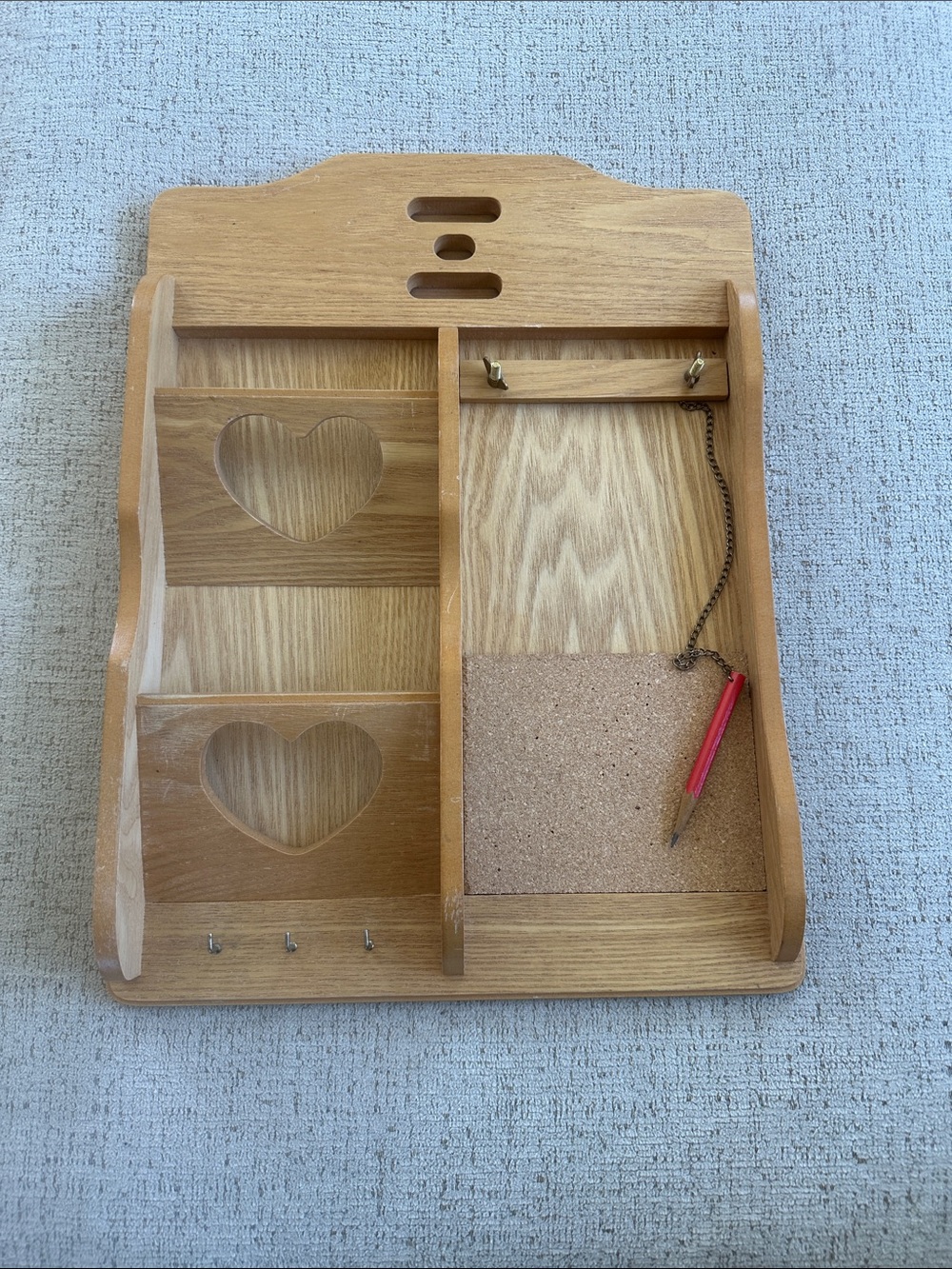Vintage 1980s Country Farmhouse Wooden Mail Organizer with Heart Cutouts